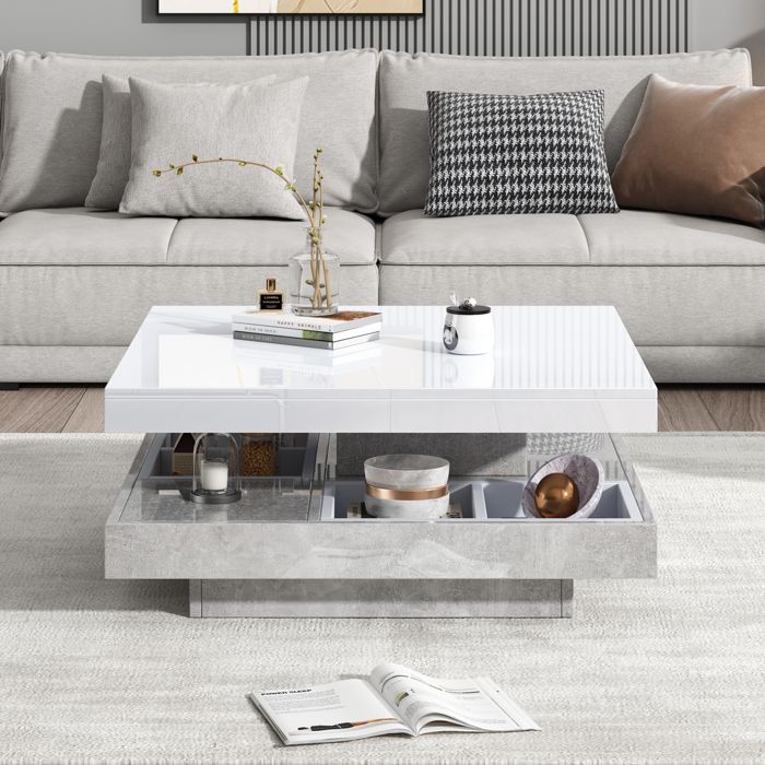 Table basse double pivotante blanche brillante avec rangement effet marbre