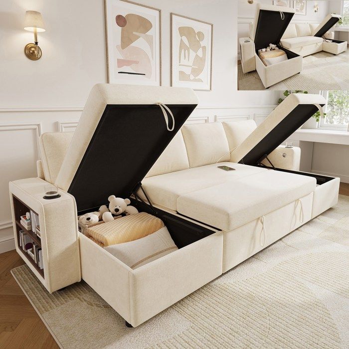 Canapé dangle en U convertible Canapé-lit 4 places en chenille avec rangements 2 porte-gobelets ports USB 4 coussins - beige