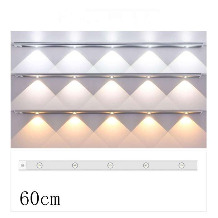 Lampe LED rechargeable par USB avec détecteur de mouvement trois températures de couleur installation sans perçage 60 cm argenté