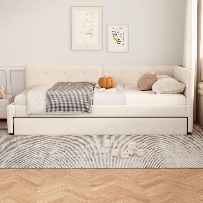 Lit - KOMHTOM - Lit dappoint - 90 x 200 cm - Lit gigogne 90 x 190 cm - Tissu velours beige Lit - KOMHTOM - Lit dappoint - 90 x 200 cm - Lit gigogne 90 x 190 cm - Tissu velours beige