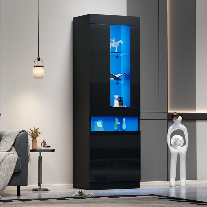 Vitrine LED EVRYAE 50 x 40 x 180 cm noire meuble vitrine de salon avec 2 étagères en verre et rangement