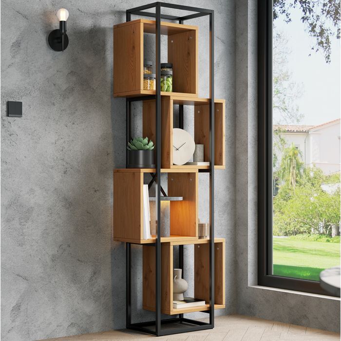 WOVREO Bibliothèque ouverte 59 x 30 x 180 cm étagère sur pied en MDF et métal noir 4 compartiments