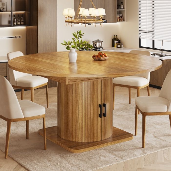 Table à Manger Extensible Ronde - Naturel - avec Rangement Caché et Porte-Verres Table Pliante de Cuisine Table à Manger Extensible Ronde - Naturel - avec Rangement Caché et Porte-Verres Table Pliante de Cuisine