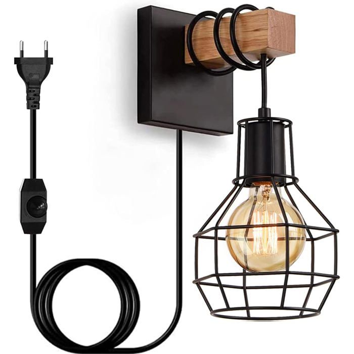 E27 Dimmable Vintage Wood Indoor Wall Lamp Socket Switch Industrial Metal Cage Bedside Lamp Bedroom Living