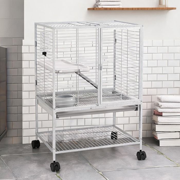 Cage à rongeurs 2 niveaux avec rampe et rangement gris clair 61 5 x 44 5 x 86 cm