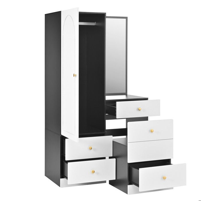 Coiffeuse multifonction avec armoire miroir en pied 6 compartiments 3 tiroirs tabouret escamotable MDF noir et blanc