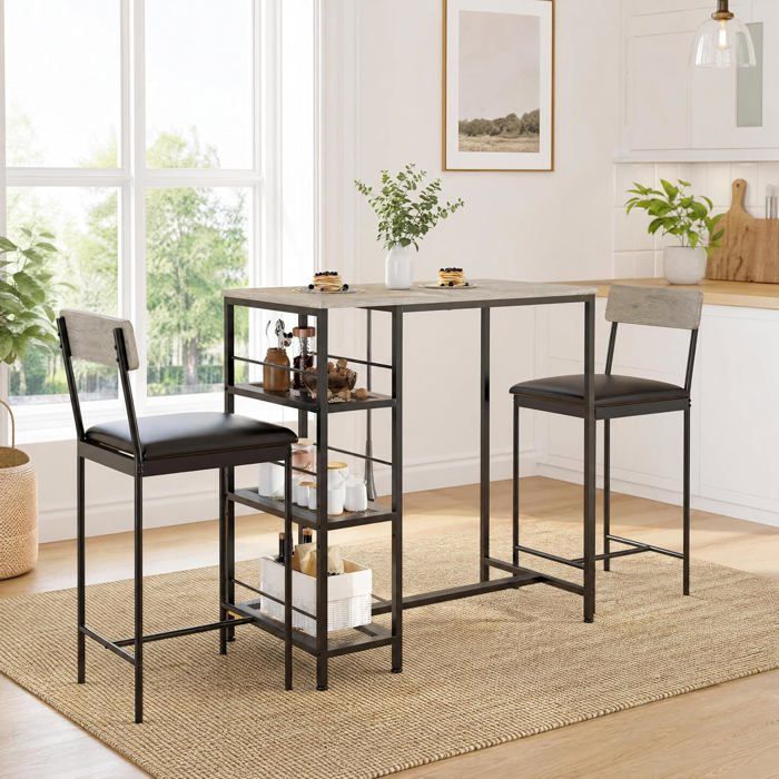 Ensemble table haute 3 pièces - table de bar + 2 chaises avec étagère 3 niveaux style industriel Chêne