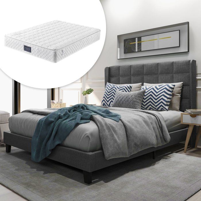 Lit capitonné 140x200 en lin gris avec sommier à lattes et matelas à ressorts