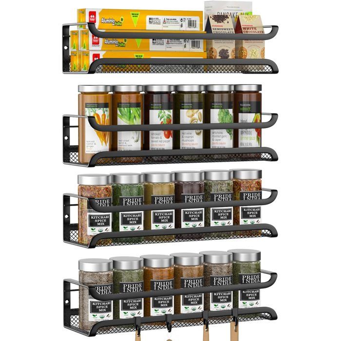 Rangement Epices Cuisine 4 Pièces Etagere A Epices Murale Métal Sans Percage Etagere Cuisine Avec 4 Crochets Mobiles Idéal Pour