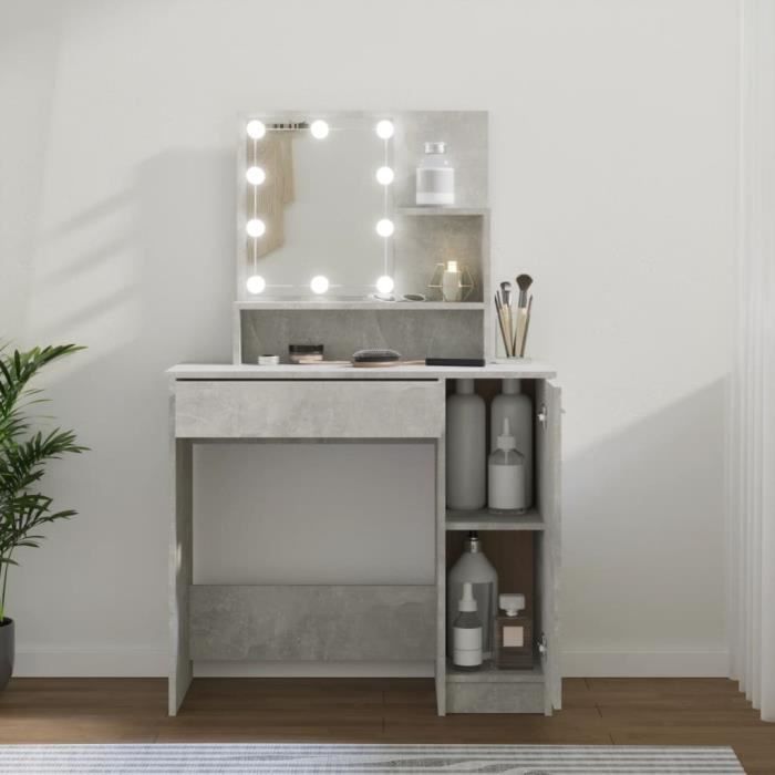 Coiffeuse - AKOZON - Gris béton - 865x35x136 cm - LED - 1 tiroir - Miroir inclus