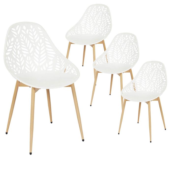 SAYA - Lot de 4 Chaises de Jardin Coque Plastique Ajourée Blanc Pieds Métal