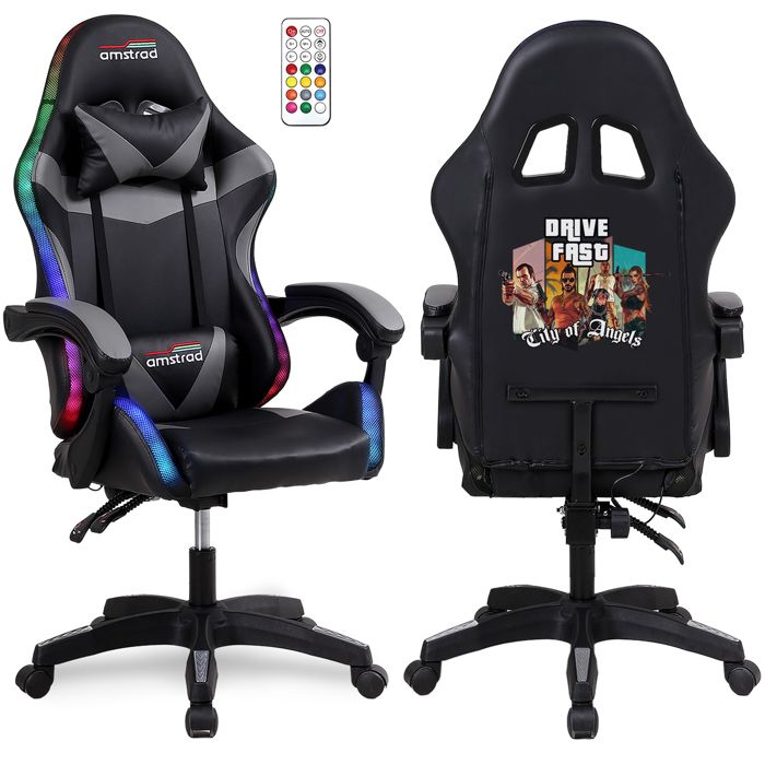 AMSTRAD  AMS-900-LED-DRIVE - Fauteuil gaming noir et gris - Serigraphie ""DRIVE"" - Eclairage LED 366 effets - T&eacute;l&eacute;commande