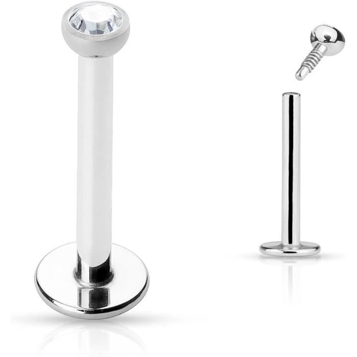 Piercing Labret Bioflex Carré Strass Blanc - 1.2x8mm Barre + 3mm Cristal - Lèvre/Tragus - Bijou Discret Et Tendance