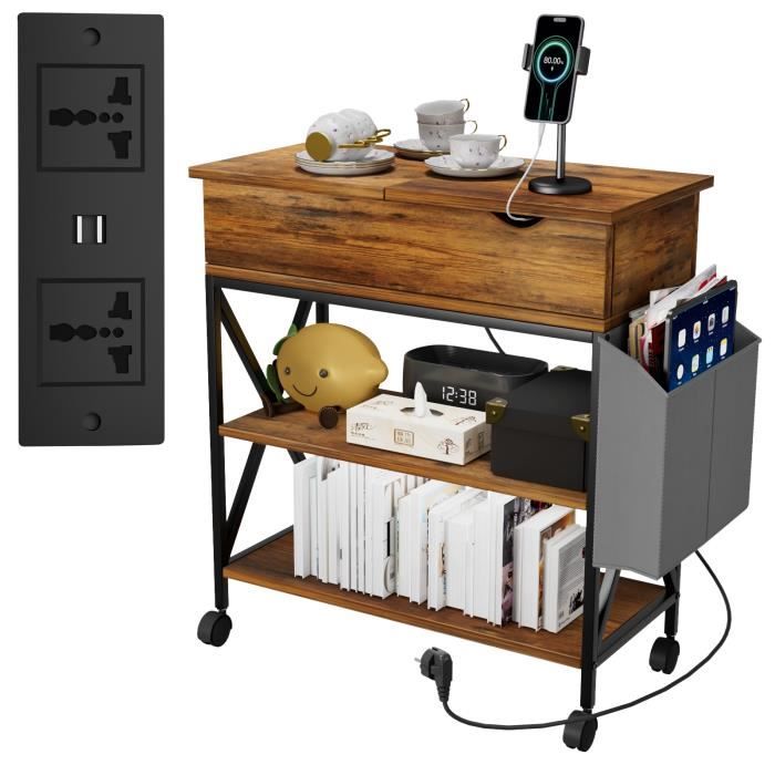 Yornoli Table Chevet éclairage Réglable Table De Chevet Yornoli Avec LED Et Ports De Charge - Tiroir, 3 Prises CA + 2 USB - Style Vintage Marron, Rangement Pratique Décoration Chambre Moderne