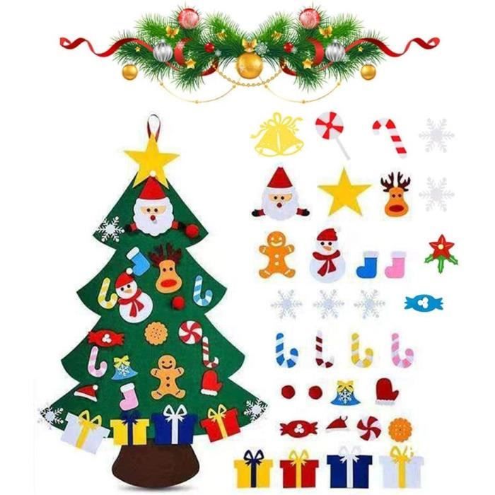 Sapin Noël Feutrine Montessori DIY - 98x70 Cm Avec 21 Ornements Détachables + LED, Activité Enfant Créative