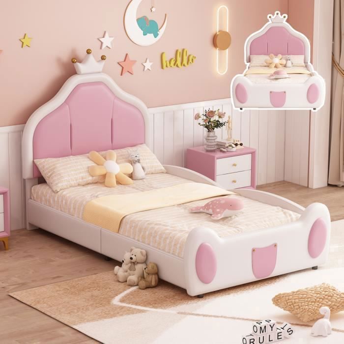 Lit bébé modulable - 90 x 200 cm - Blanc/Rose - Structure métal - Montage facile