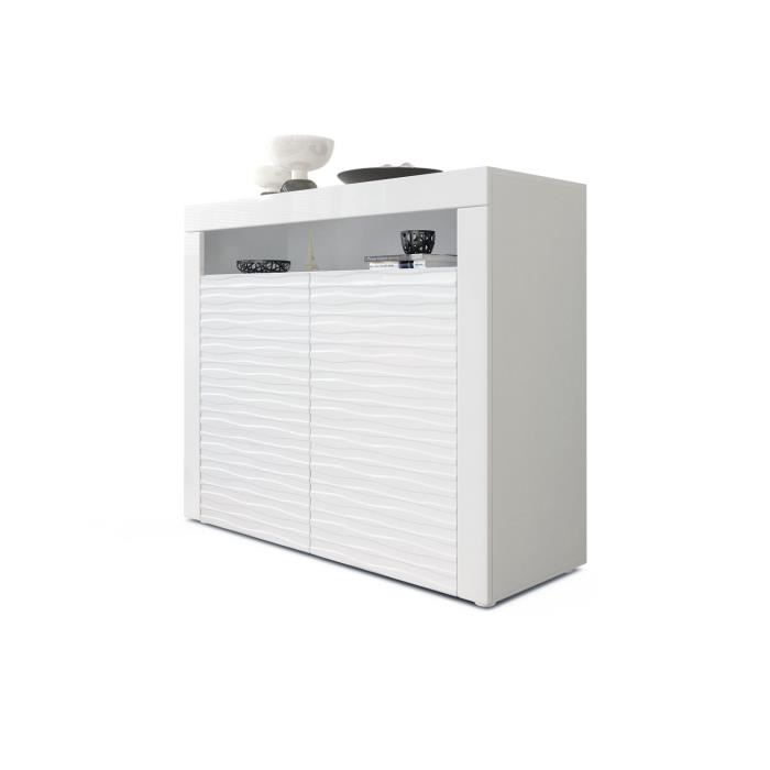 Vladon Commode Buffet Valencia Corps en Blanc mat - Façades en Blanc haute brillance Harmony avec une structure 3D fraisée