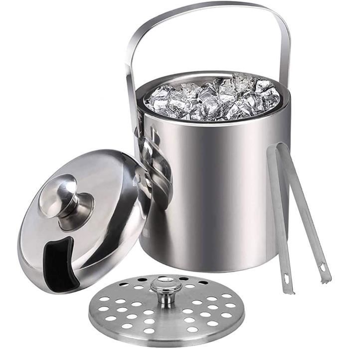 Seau à Glace Isotherme Joejis 1,5L - Acier Inox Double Paroi - Avec Pincettes Et Couvercle - Pour Champagne Et Boissons