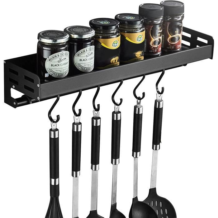Porte-Ustensiles De Cuisine Adhésif Noir - 40 Cm Avec 8 Crochets - Organisation Murale Sans Perçage