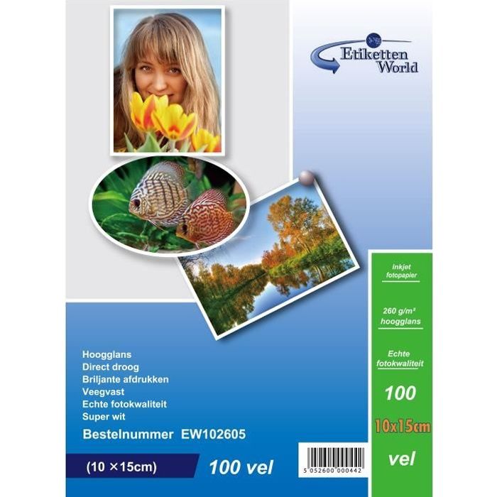Papier Photo Haute Brillance 10x15 Cm - 240g/m² - 100 Feuilles - Pour Imprimantes Jet D'encre - Immédiatement Sec Et Imperméable
