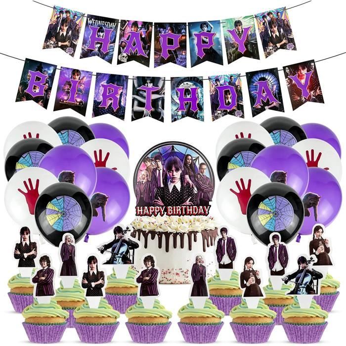 fête du mercredi Addams, ensemble décoration fête d'anniversaire Addams,  comprend une bannière, 18 ballons, 13 gâteau, 6 décorations  tourbillonnantes suspendues : : Cuisine et Maison