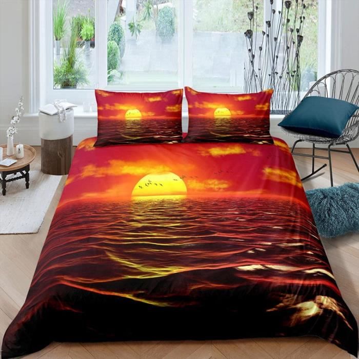 Drap Housse 140x190 Motif Mer Coucher De Soleil - Microfibre Doux 30 Cm Bonnet Profond + 2 Taies 65x65 - Lot Complet Anti-Allergique
