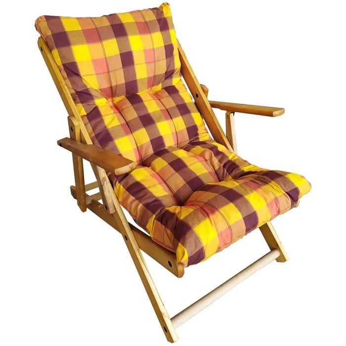 Fauteuil de jardin - HARMONY - Inclinable 3 positions - Bois de sapin - Coussin rembourré jaune - Pliable