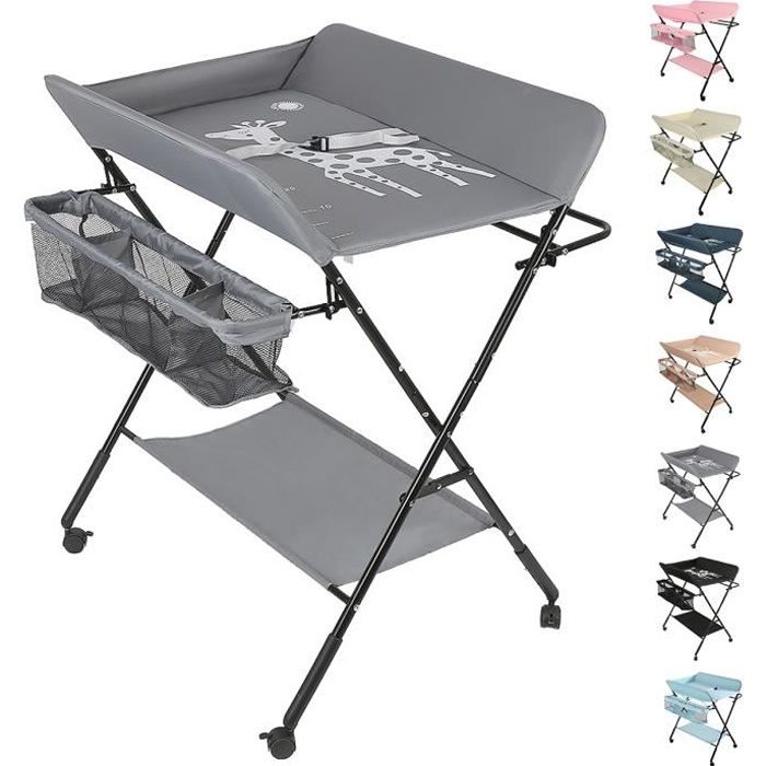 Table à Langer Pliable Gris – Portable, Réglable En Hauteur 82-87 Cm, Avec Ceinture Sécurité Et Roulettes