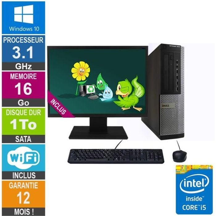 PC Dell Optiplex 7010 DT Core i5-2400 3.10GHz 16Go/1To Wifi W10 + Ecran 24