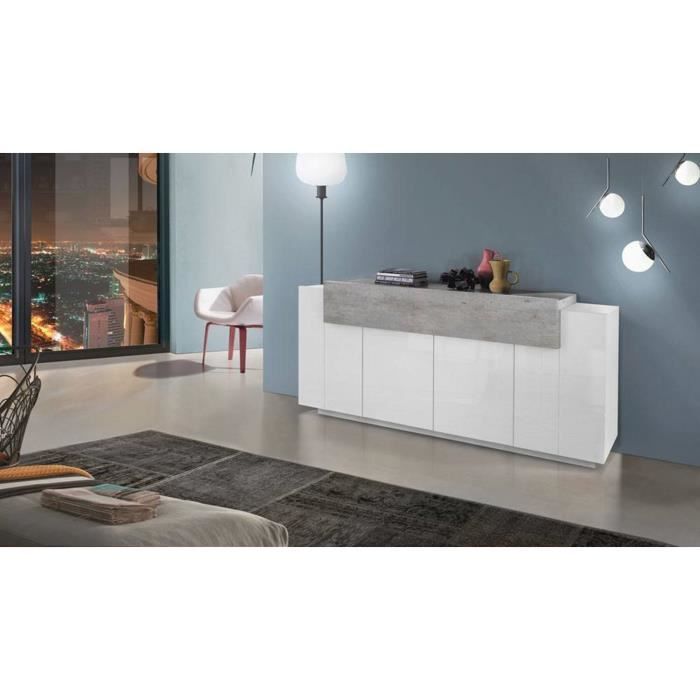 buffet de cuisine avec 4 portes - dmora - loris - blanc brillant et ciment - contemporain - design