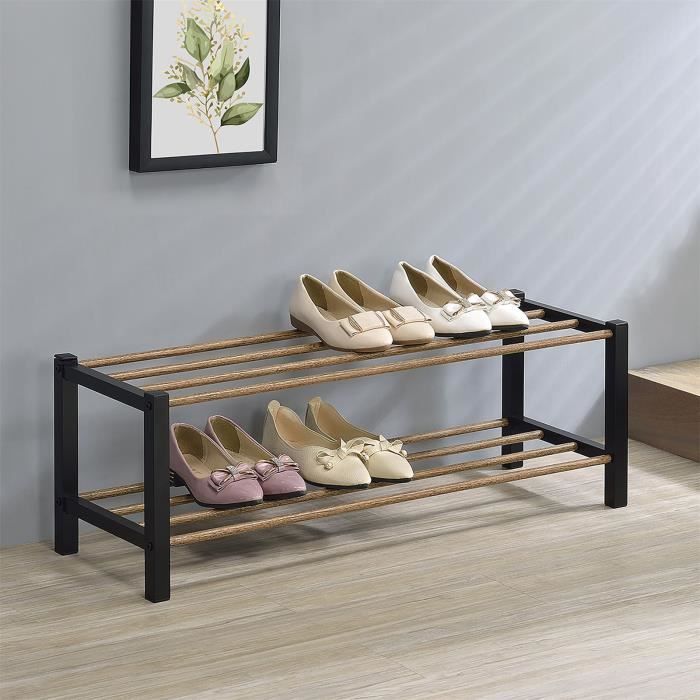 étagère à chaussures - idimex - waterford - 2 niveaux - métal laqué noir et décor bois