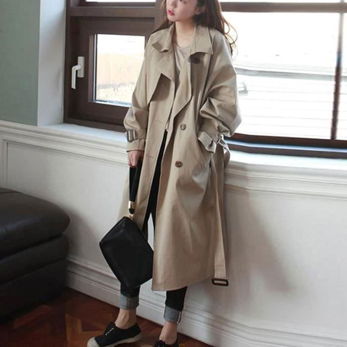 Poche oblique, manches épaulées, ceinture à double bouton, coupe-vent Trench-coat femme