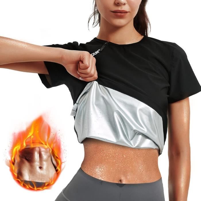 Taille XL - Vêtements de Sudation Femme Sauna Minceur Manches Courte Survêtement Sudation Fitness Sport Amincissante Ventre