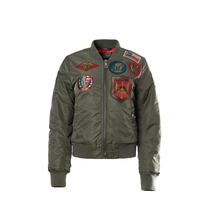 Blouson Bombers femme TOP GUN Ref 58057 kaki Fermeture zippee Multiples ecussons iconiques Doublure chaude Vert Cdiscount Pret a Porter