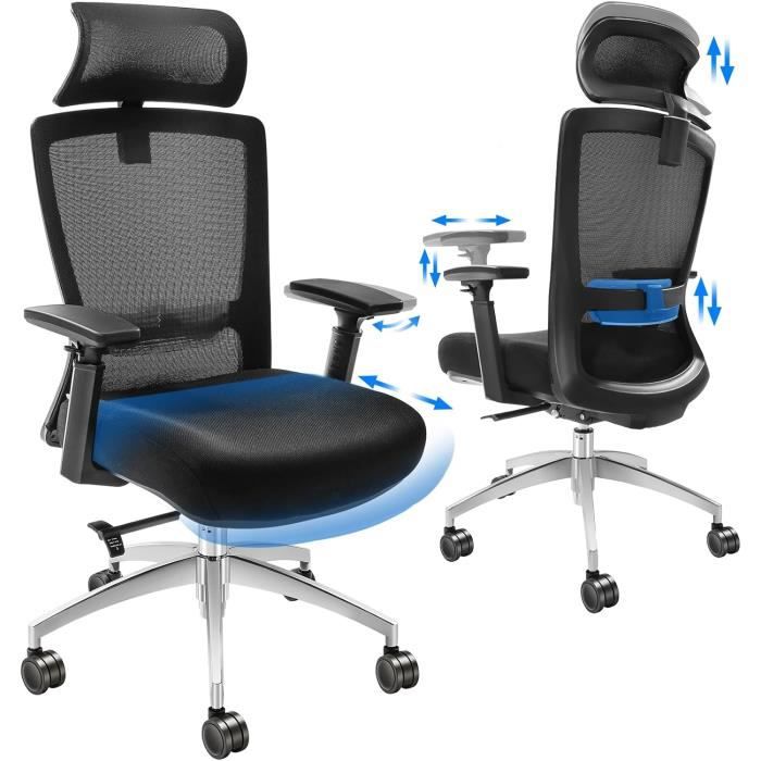 Chaise De Bureau Ergonomique – Appuie-tête Et Accoudoirs Réglables – Dossier Inclinable 90–137° – Siège Maille – Charge 150 Kg