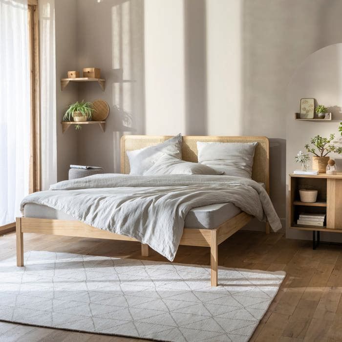 Lit adulte en pin massif tête de lit cannage ANNA 140x190 - LT17021 - Bois naturel - Terre de Nuit