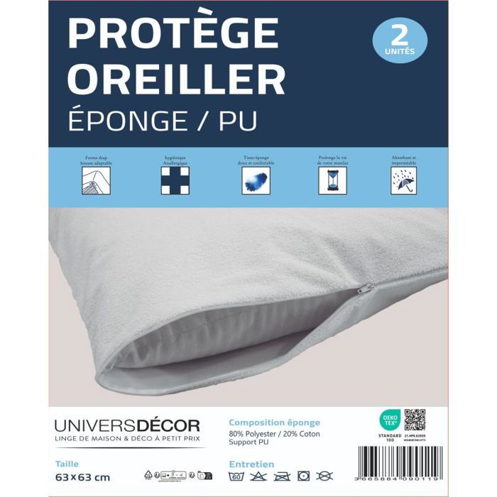 Lot de 2 protège oreiller éponge imperméable absorbant 63 x 63 cm Lot de 2 protège oreiller éponge imperméable absorbant 63 x 63 cm