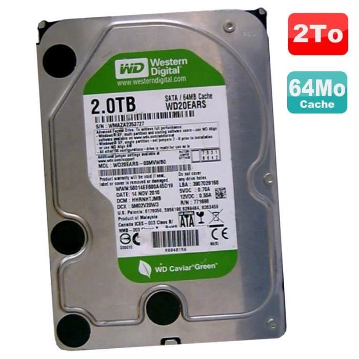 Disque Dur 2To SATA III 3.5 WD Caviar Green WD20EARS-00MVWB0