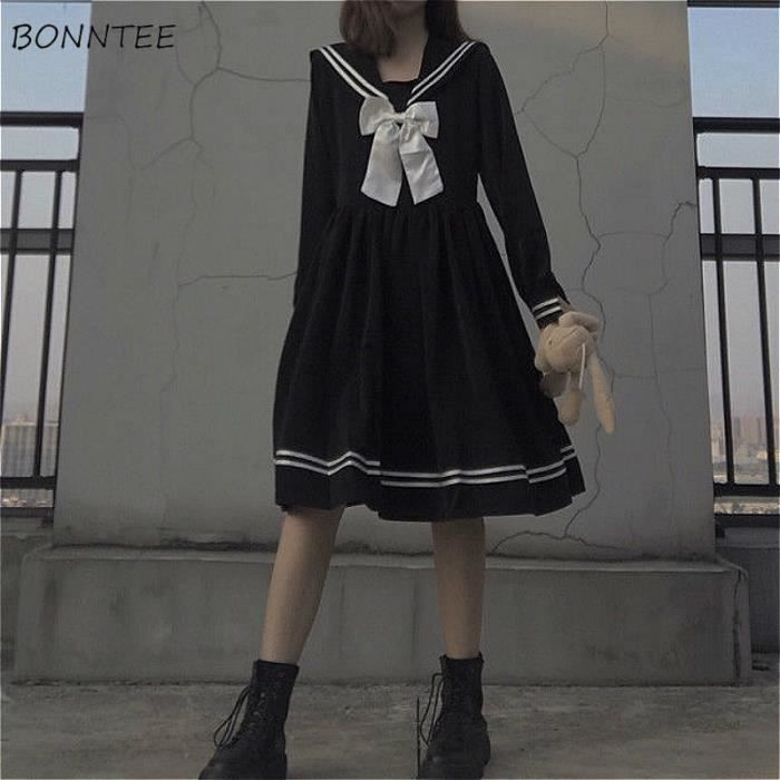 Robe Preppy Style Type black A ligne Genou longueur Col marin japonais Blanc Cdiscount Pret a Porter