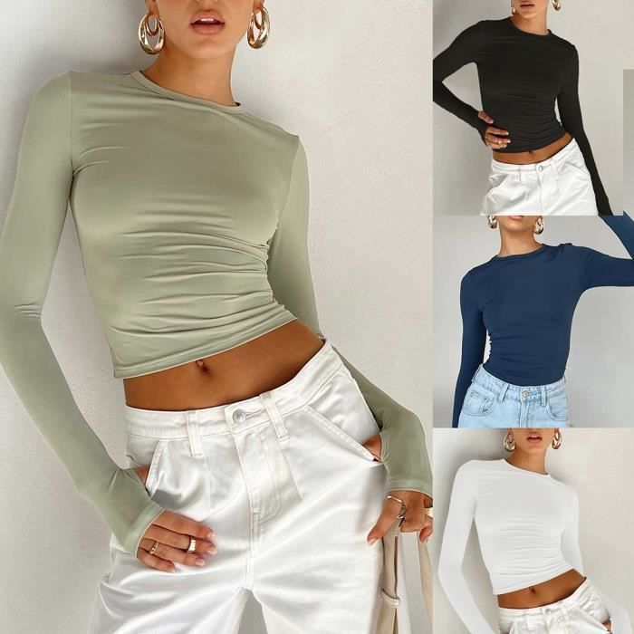 Top Manches Longues Femme Crop Top Transparent - Col V - Matière Stretch - Style Y2K - Taille M à XL