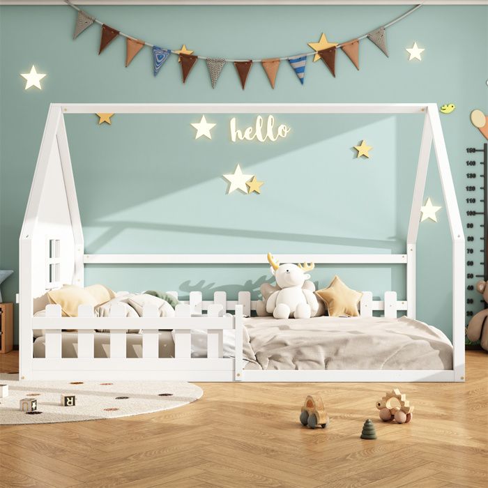 Lit Au Sol Enfant 140x200 Cm Blanc - Cadre Bois Massif Avec Barrière Sécurité, Sommier Lattes, Design Étoiles-Lune 3-8 Ans (sans Matelas)