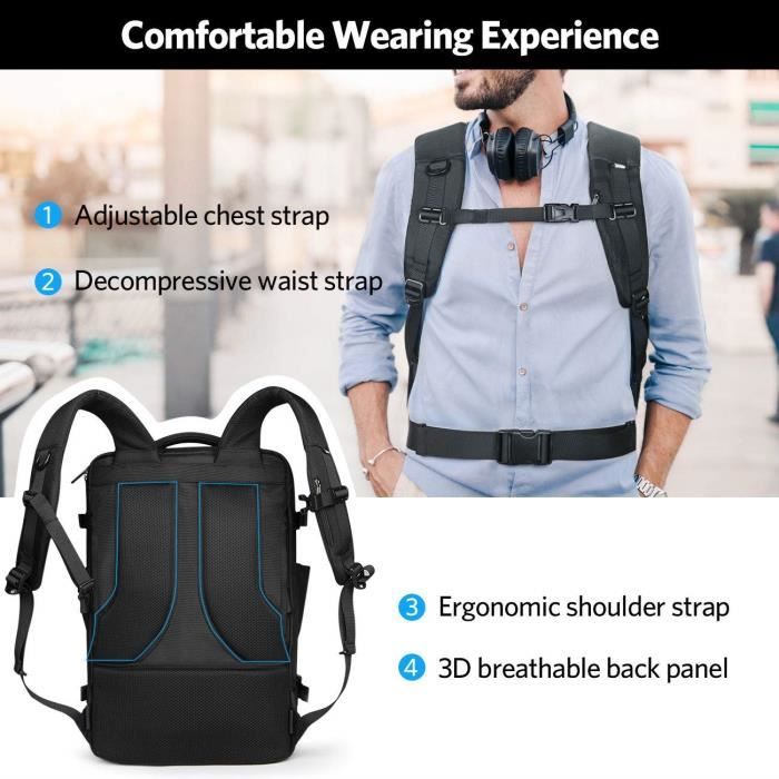 26€ sur Inateck Sac à Dos Cabine Grand 42L, Bagage à Main 2 Poignées pour  Voyage Avion Antivol, avec Compartiment Ordinateur Portable 15,6 Pouces  pour Affaires et Randonnée - Noir - Sacs