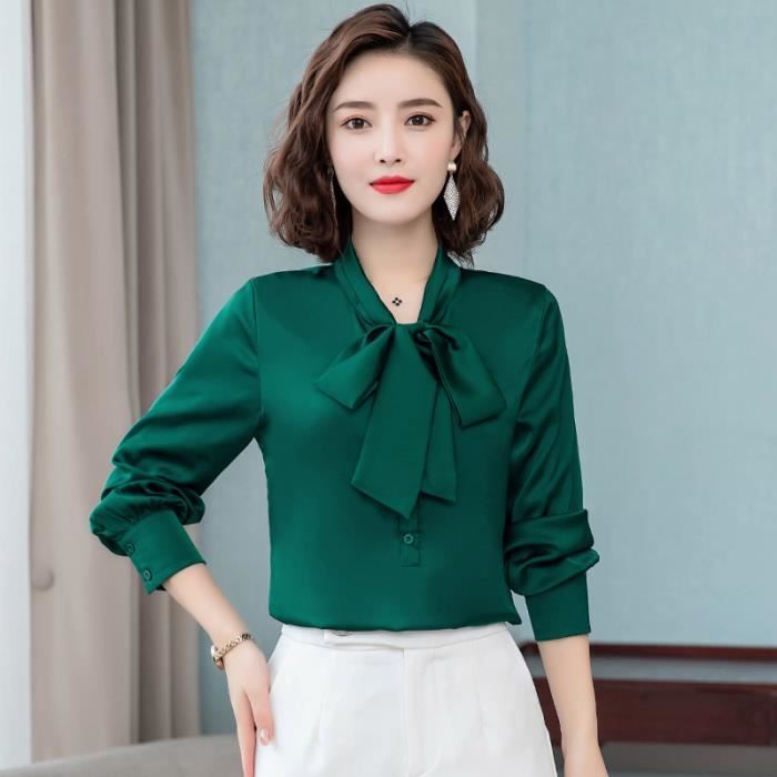 Chemise Chemisier en satin et soie pour femmes elegant couleur vive n ud manches longues mode bureau dames travail Bleu E44689 Blanc Cdiscount Pret a Porter