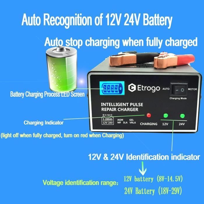 Etrogo Chargeur de Batterie 12V 6V 1A-15A Intelligent Entièrement  Automatique Chargeur d'impulsions avec écran à Barre LED pour Voiture Moto  : : Auto et Moto