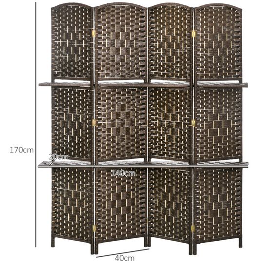 Paravent 4 Panneaux HOMCOM 160x170cm Avec Étagères - Séparateur Pièce Bois Naturel
