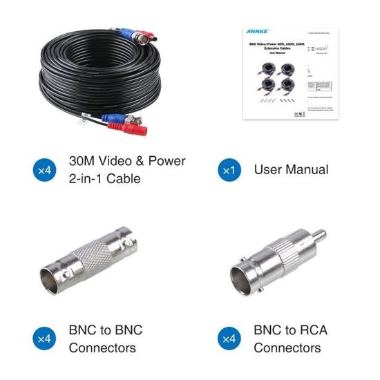 Sannce 30m Cable De Video Dc Power Connecteur Bnc Video 4pcs Pour Cctv Camera Dvr Noir Cable Tv Video Son Avis Et Prix Pas Cher Cdiscount