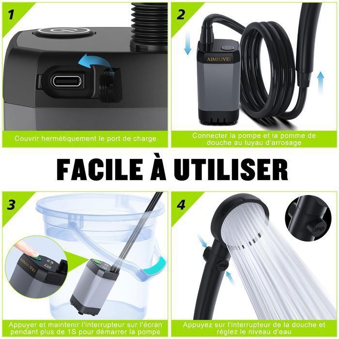 Focket Douche Portable, Douche électrique Portable Rechargeable pour Le Camping, Pompe de Douche de Camping réglable à 3 Vitesses avec Filtre pour Le Camping, la randonnée et Les Voyages (Bleu