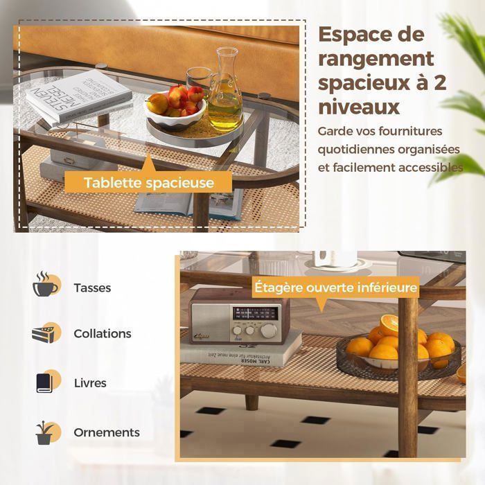 Table Basse Ovale à 2 Niveaux Avec Étagère De Rangement Table Basse En Bois D'Hévéa Table De Salon Rustique Gris