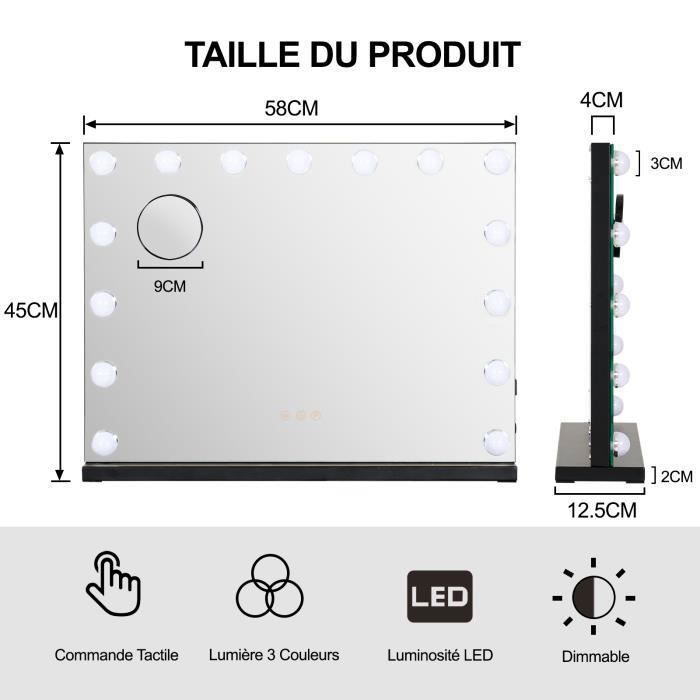Miroir De Maquillage LED Avec Écran Tactile - Lumière Blanche Pour Soin Du Visage - 21x17cm