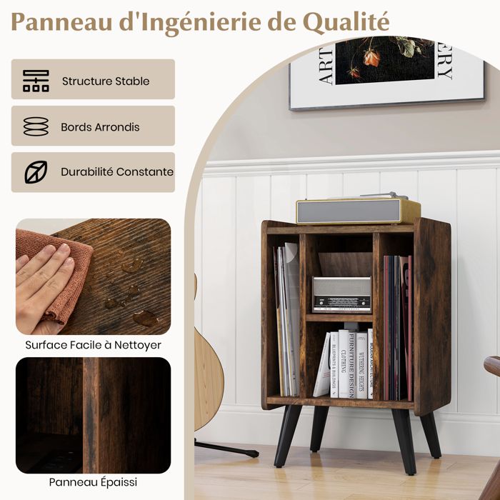 Meuble Support Pour Tourne-disque Vinyle - 5 Compartiments - Station De Charge Intégrée - 53x45x78,5 Cm - Naturel